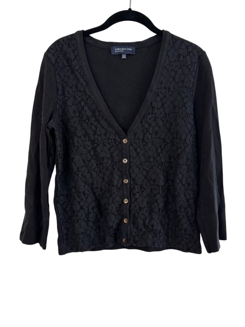 Jones New York Signature Black Lace Cardigan Sweater S Button Front Long Sleeve